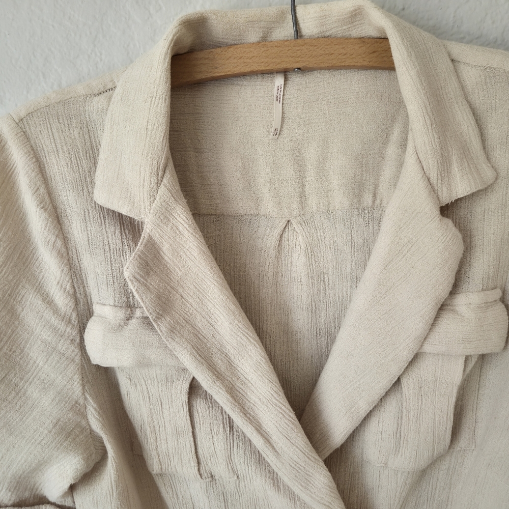 Free People Clementine Linen Mini Dress XS Cream Textured Wrap Collared Belted - Picture 4 of 13